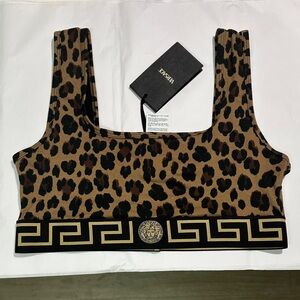 Versace Leopard-Print Crop Top with Gold Greek Key Band